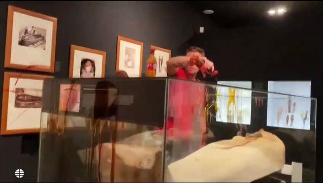 Des militants écologistes aspergent de faux sang la cage en verre d'une réplique de momie au Musée Égyptien de Barcelone afin de dénoncer l'inaction des gouvernements face au changement climatique - Regardez