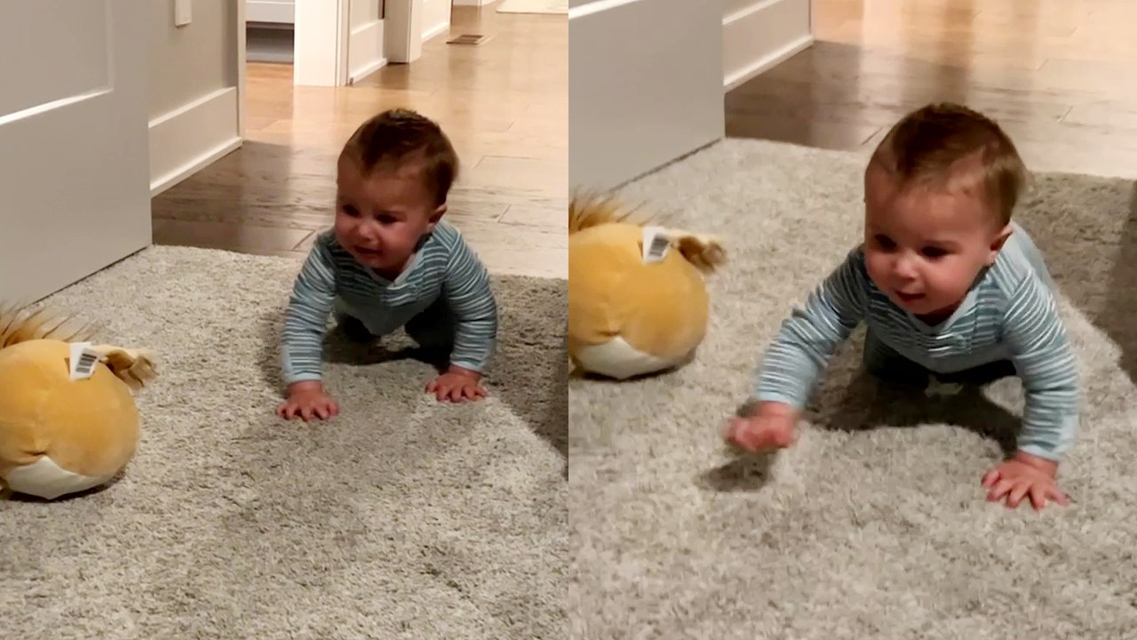 'I'd never seen him crawl so fast' - Adorable baby faces his fear of stuffed animals