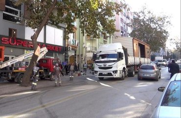 Prefabrik ev taşıyan tırın kırdığı ağaç, 2 araca zarar verdi