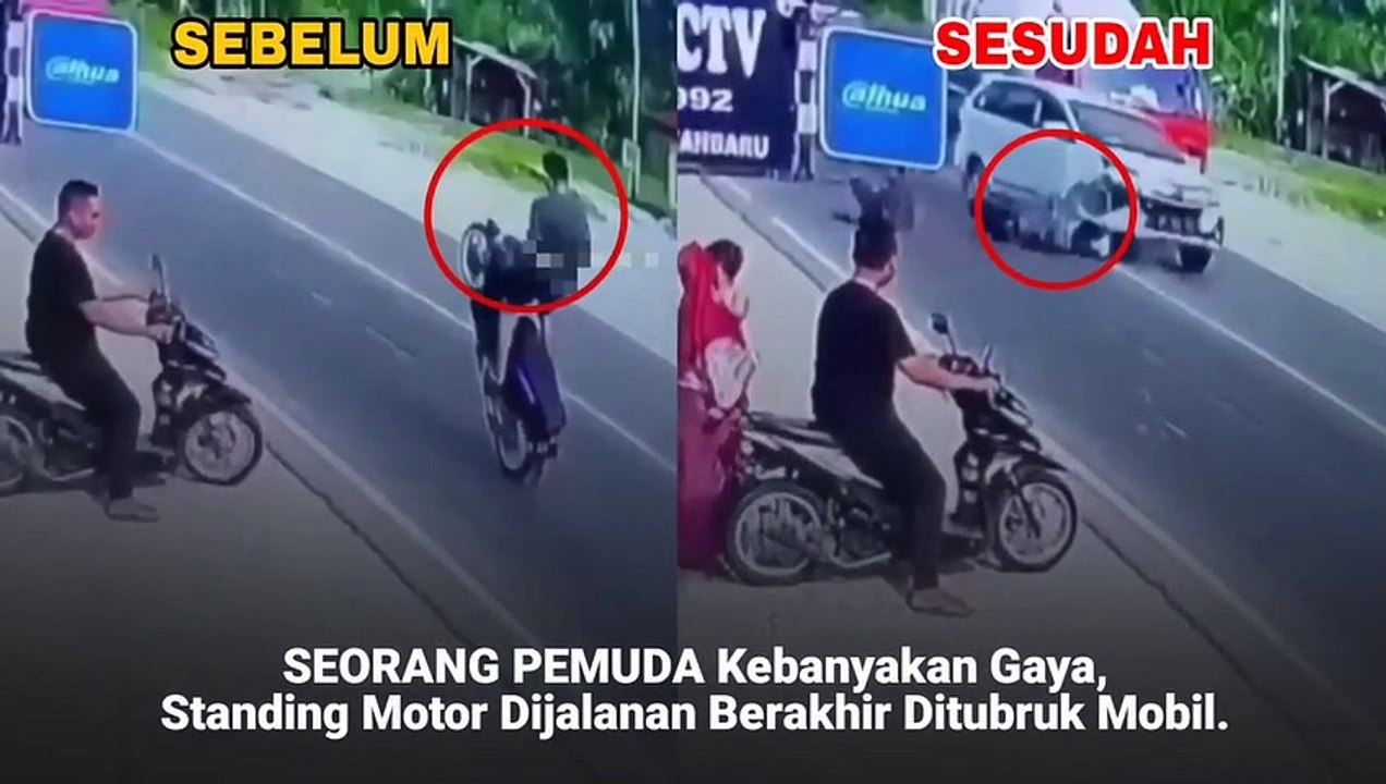 SEORANG PEMUDA Kebanyakan Gaya, Standing Motor Dijalanan Berakhir Ditubruk Mobil.