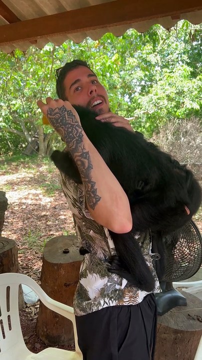 Monkey Suprises Man With Hug
