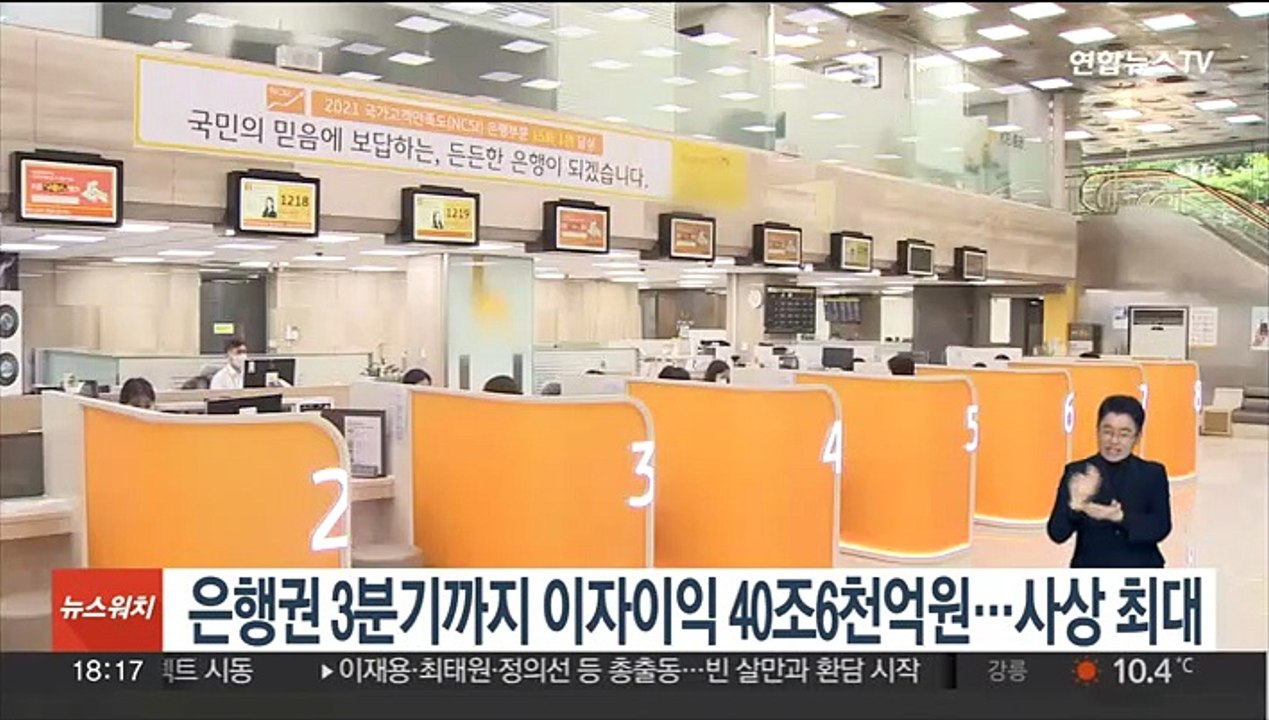 은행권 3분기까지 이자이익 40조6천억원…사상 최대