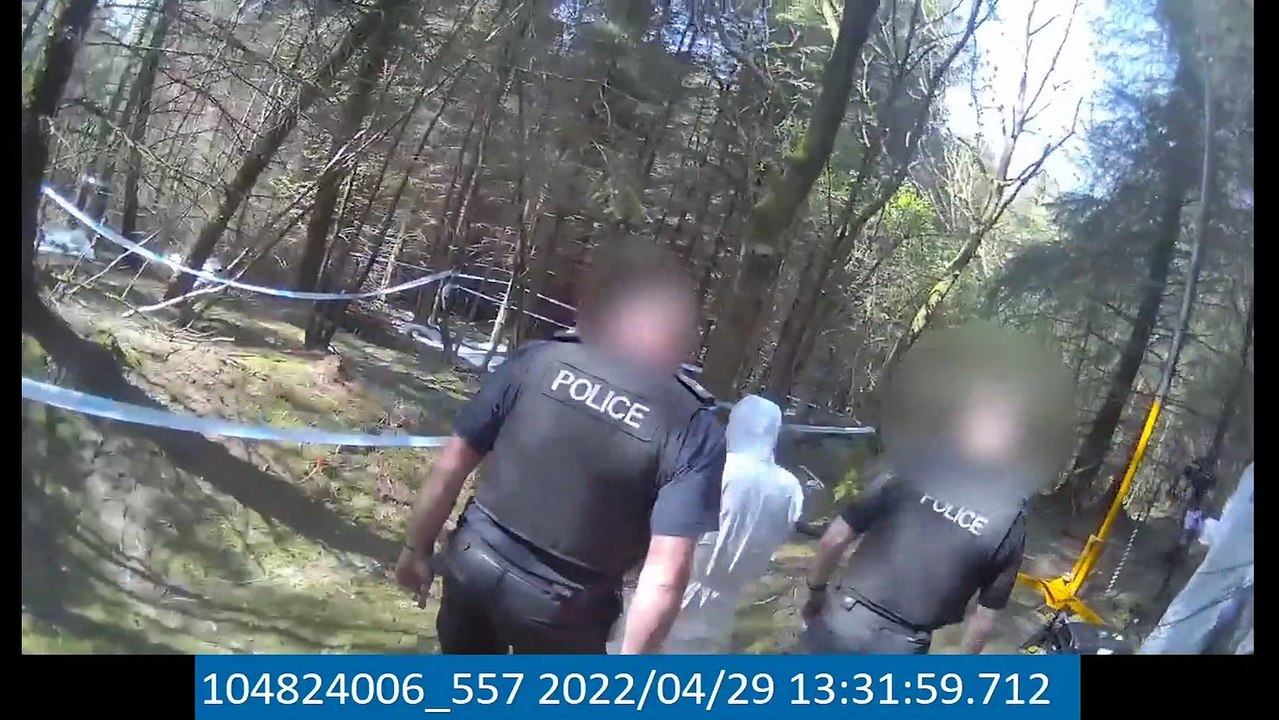 Police footage of Katie Kenyon murderer Andrew Burfield revisiting the scene of the murder