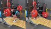 Woman trying to squat while holding a HEAVY barbell experiences a COMEDIC fail moment