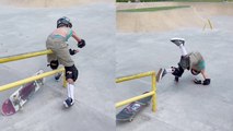 Young skater knocked to the ground after failing to get good height on his jump