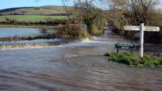 Major flooding in Alfriston, East Sussex at high tide.