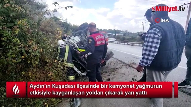 Yan yatan kamyonetten burnu bile kanamadan kurtuldu