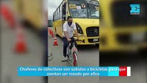 Choferes de colectivos son subidos a bicicletas para que sientan ser rozado por ellos. La experiencias se realiza en San Luis Potosí, México