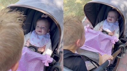 Adorable 5-month-old baby girl can't stop giggling at her big bro's silly antics