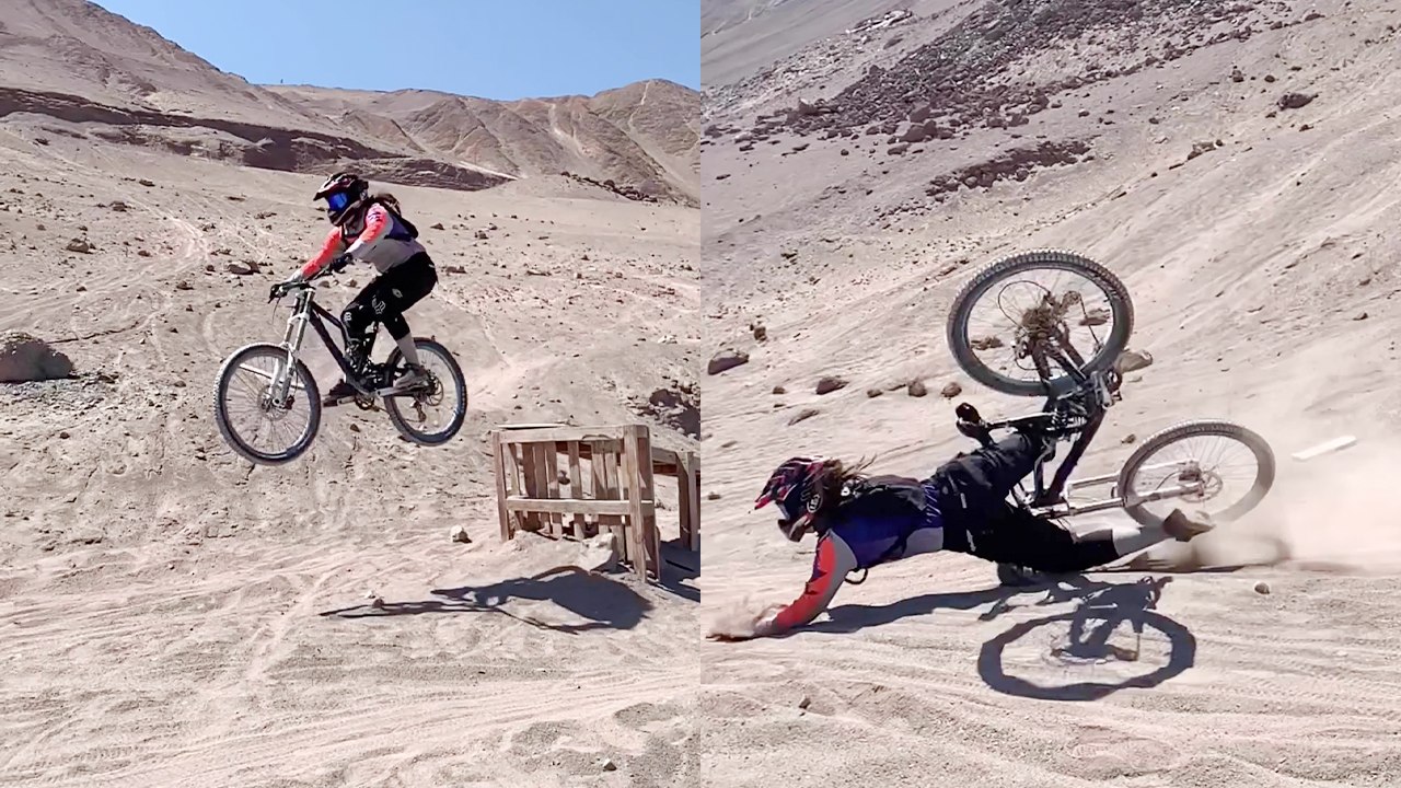 Daring Mountain Biker girl eats dirt after failed attempt at ramp jump