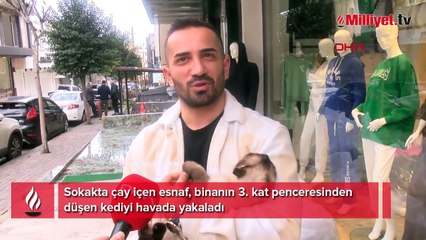 3. kattan düşen kediyi havada yakaladı