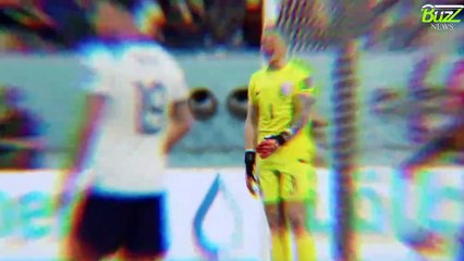 Jordan Pickford celebrated too soon and dropped to his knees when Harry Maguire hit the bar