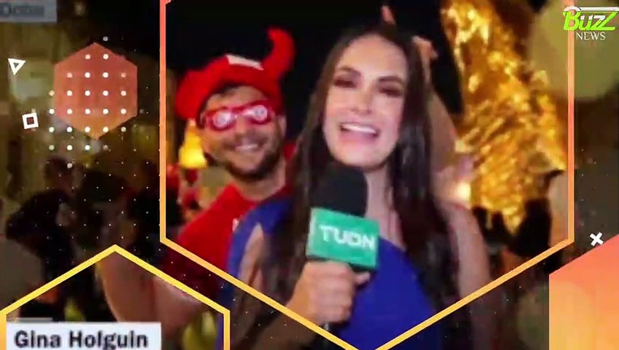 The reaction of a Mexican host in Qatar when a fan interrupts her live broadcast