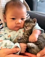 Cute baby playing with pet. cutest movement