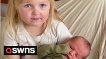 Adorable moment 4-year-old tells newborn baby brother she will teach him to 'run, walk and EAT SNOW'