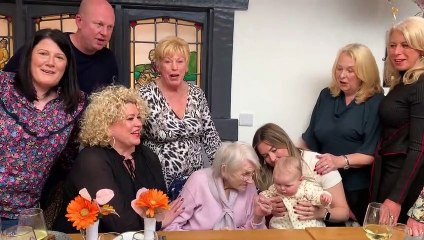 Jean Garstang celebrates  turning 108 with fish and chips and a glass of bubbly