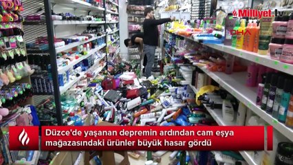 Deprem mağazadaki cam eşyaları kırdı