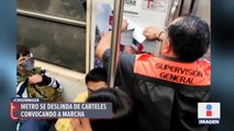 Trabajadores del Metro retiran propaganda de la marcha de López Obrador