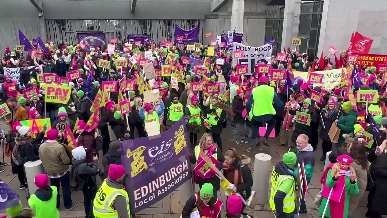 Striking Scottish teachers demonstrate at the Scottish Parliament