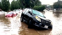 Streets submerged by heavy coastal flooding in Saudi Arabia