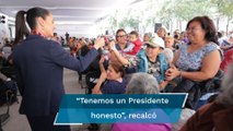 En ceremonia de tiendas Diconsa, Claudia Sheinbaum invita a asistir a la marcha de AMLO