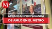 Trabajadores del metro retiran propaganda a favor de la contramarcha en CdMx