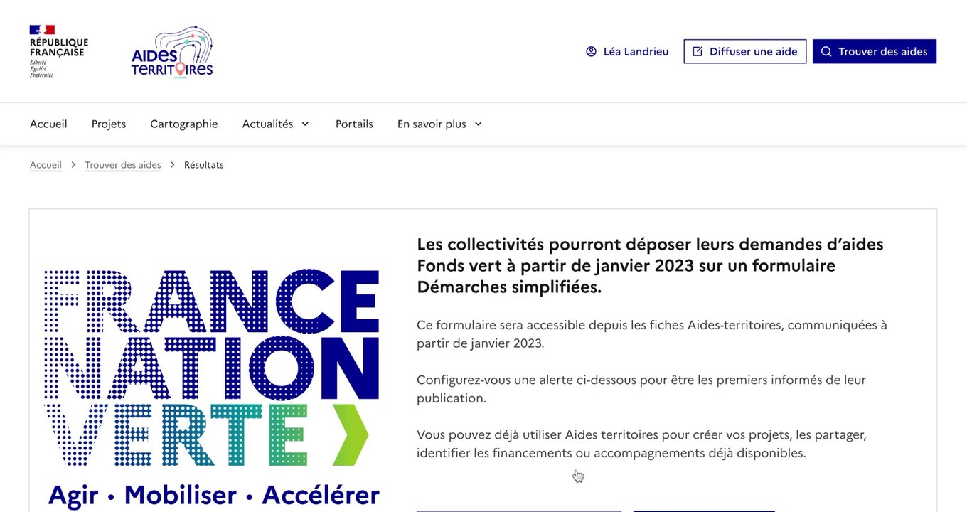 TUTO - paramétrer une alerte sur les aides du fonds vert sur https://aides-territoires.beta.gouv.fr/