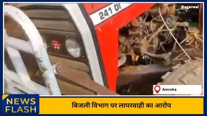 अमरोहा:बिजली का तार टूटकर गिरने से ट्रैक्टर और गन्ने में लगी आग