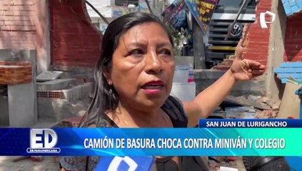 SJL: Camión de basura choca con minivan y se estrella en colegio
