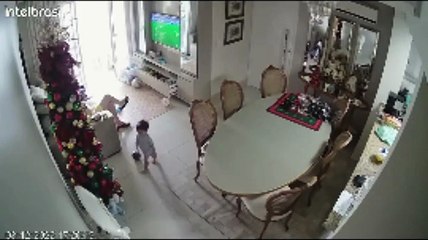 Criança puxa enfeite, árvore cai e avô sofre tombo; vídeo viraliza
