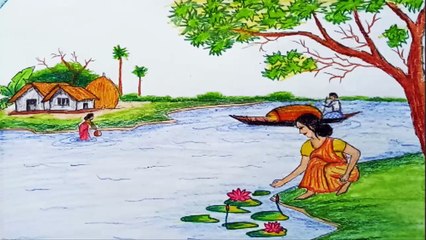 Download Video: how to draw a girl with nature drawing scenery || natural view and village girl life drawing scenery