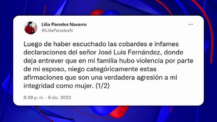 Lilia Paredes sobre declaración de exjefe de la Dini: “niego categóricamente que en mi familia hubo violencia”