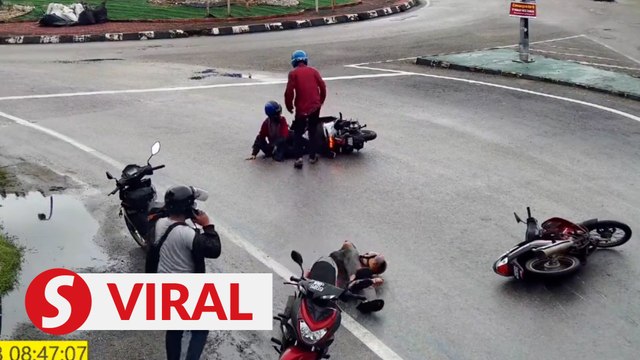 CCTV footage shows motorcyclists fall one after another near Kota Bharu roundabout
