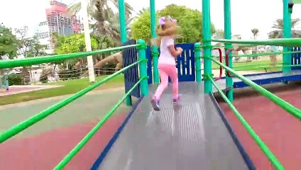 Diana and Roma walk in the Dinosaur park & Museum of Illusions