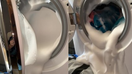 The HYSTERICAL aftermath of tossing a full bottle of shampoo in washing machine
