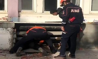 Binanın duvarını yıkıp yavru köpeği kurtardılar