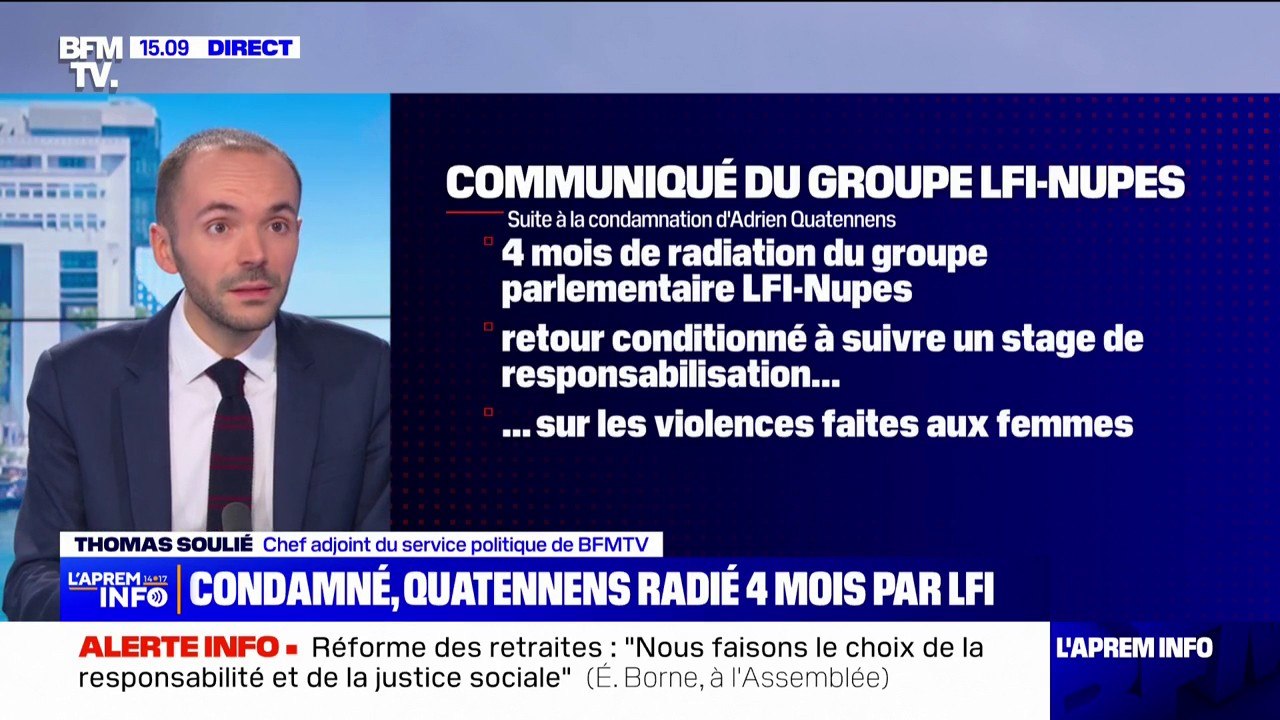 Après sa condamnation pour "violences" conjugales, Adrien Quatennens suspendu du groupe LFI à l'Assemblée