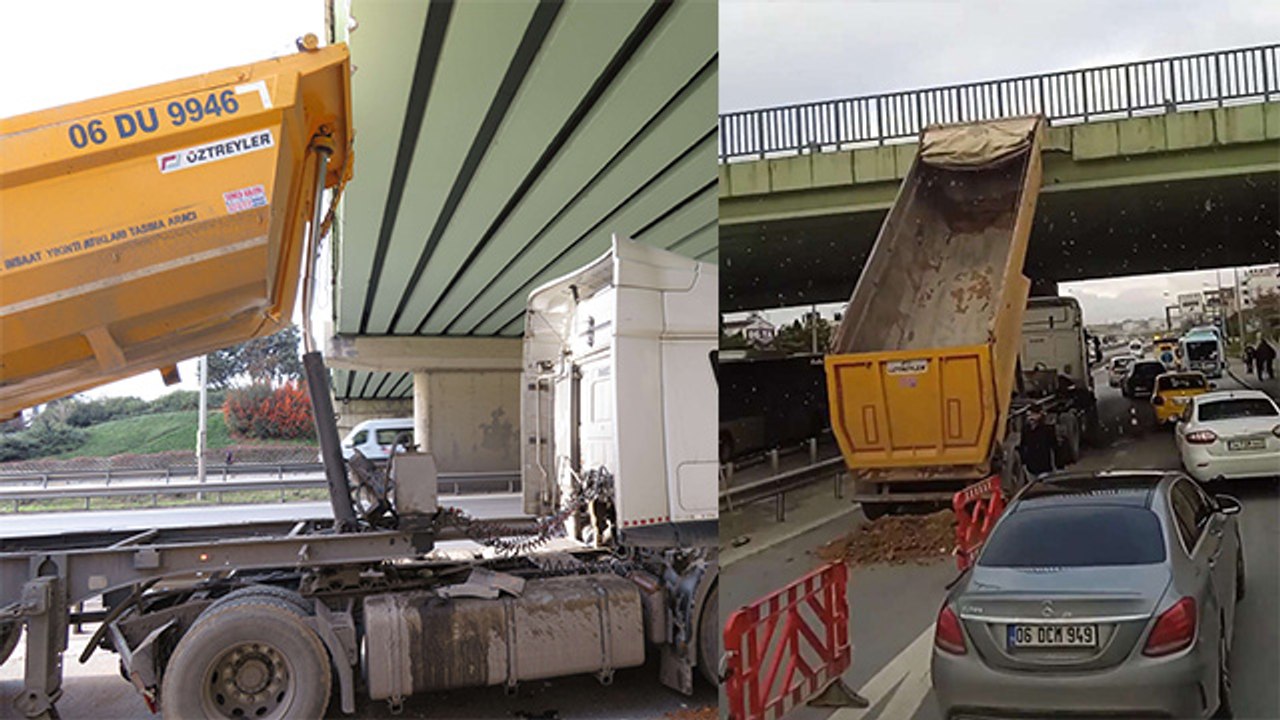 Tuzla'da hafriyat kamyonunun açılan damperi köprüye çarptı; şoför yaralandı