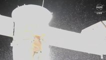 Nasa footage shows particles spraying into space off Russian capsule docked at ISS