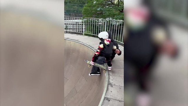 Four-year-old skateboarder fearlessly drops off three-metre skatepark platform