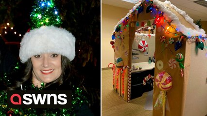 Christmas fanatic turned her office cubicle into an incredible life-size gingerbread house