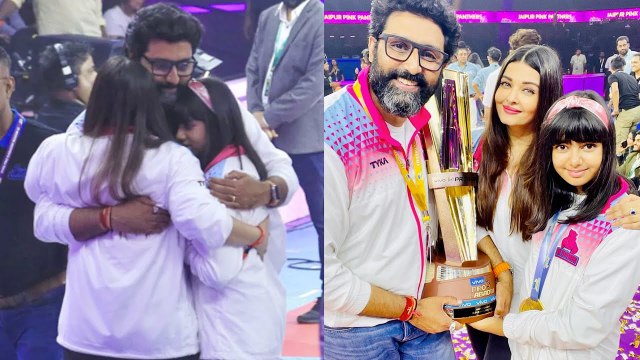 Abhishek Bachchan Hugs Aishwarya Rai Tightly as His Kabaddi Team Wins Aaradhya Poses with Trophy