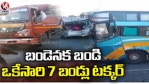 7 Vehicles Collided One By One On Hyderabad - Bangalore Highway | Rajapur | V6 News