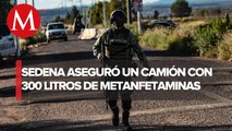 Ejército asegura 300 litros de metanfetamina liquida en Sonora