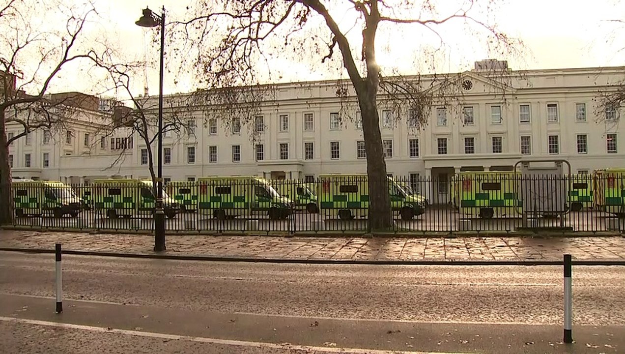 Ambulances line up at Wellington Barracks as strike begins
