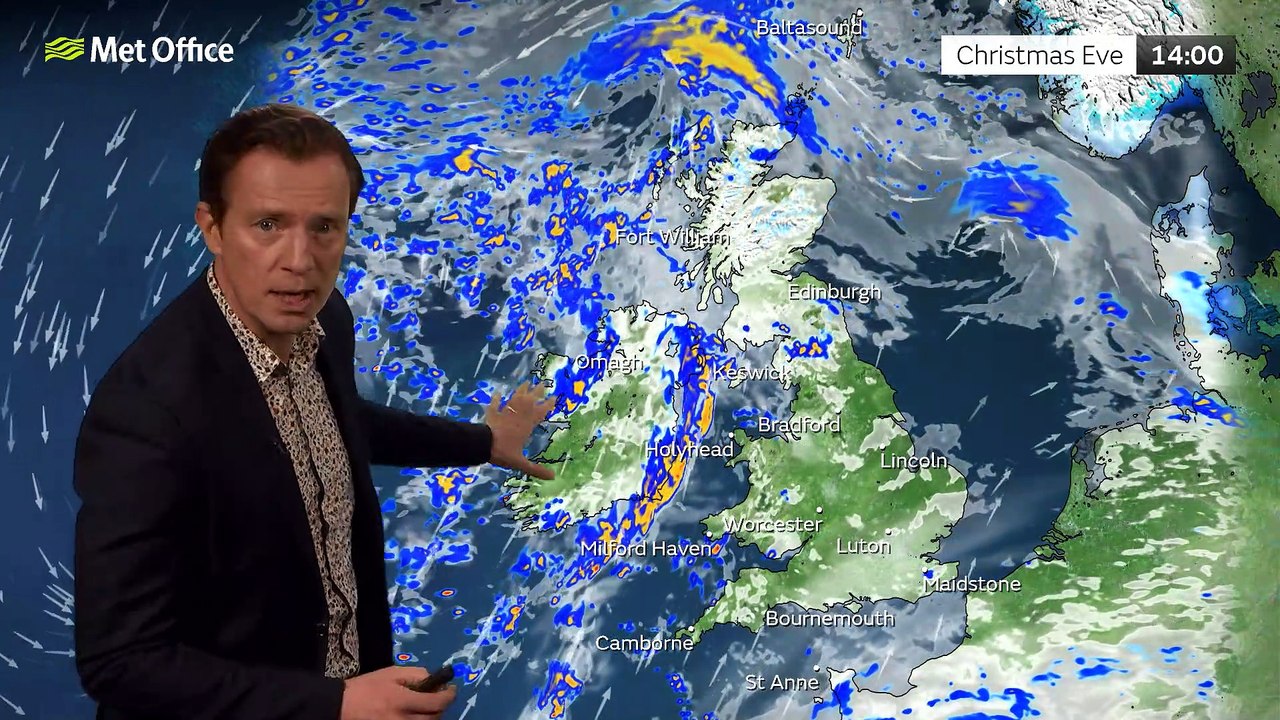 Met Office Evening Weather Forecast 23/12/22 - Band of rain tracking northwards