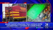 Ate: mujer queda atrapada en accidente entre camión cisterna y una locomotora