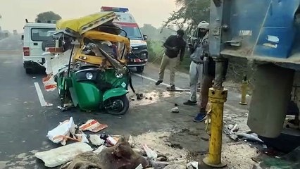 auto rammed into parked truck from behind