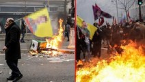 Paris'i savaş alanına çeviren göstericiler, terör örgütü PKK elebaşı Öcalan'ın posterlerini taşıdı