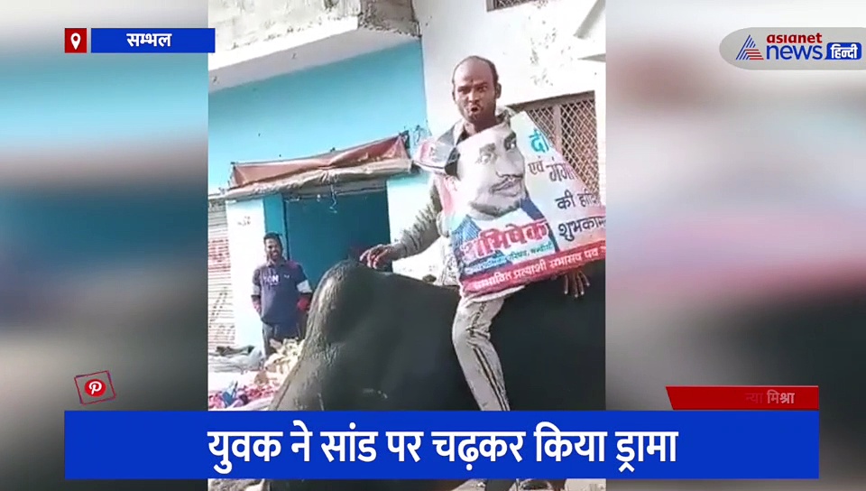 सांड पर चढ़े नशेड़ी ने किया हाई वोल्ट्रेज ड्रामा, गले में पोस्टर लटकाकर बोला- मैं यहीं से कूद जाऊंगा 